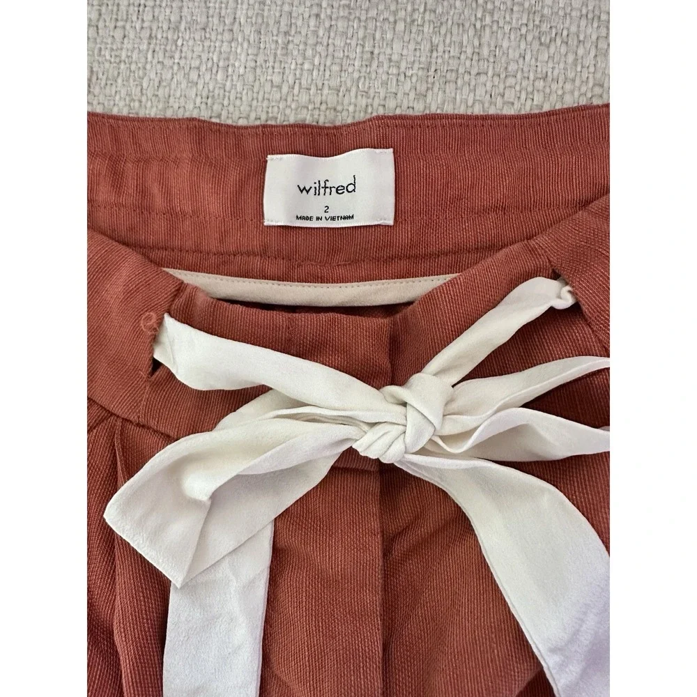 Aritzia Wilfred Allant Cropped Linen Pants Sz 2 Tie Waist Buttons Fly Rust Orang